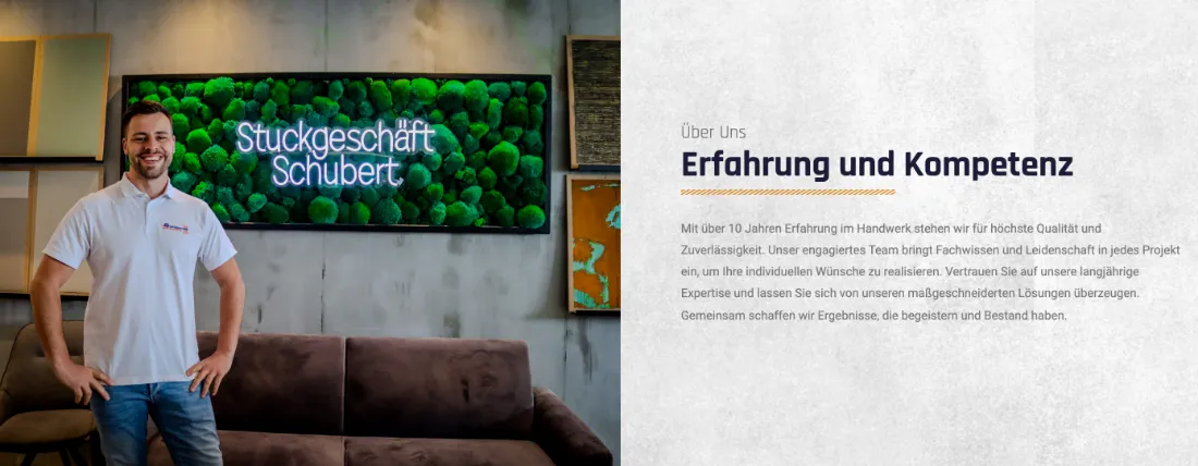 Ausschnitt der Website von Stuckgeschäft Schubert, Landkreis Erlangen-Höchstadt: Überschrift und Zahl „über 10 Jahren Erfahrung“ nennen einen Fakt — wer Vertrauen prüft, bekommt hier schnell nachvollziehbare Gründe.