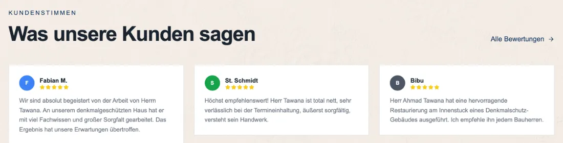 Ausschnitt der Website von Stuck Tawana, Rhein-Erft-Kreis: Drei 5‑Sterne‑Stimmen plus Link „Alle Bewertungen“ — wer sucht, kann Urteile prüfen statt nur Versprechen zu lesen.