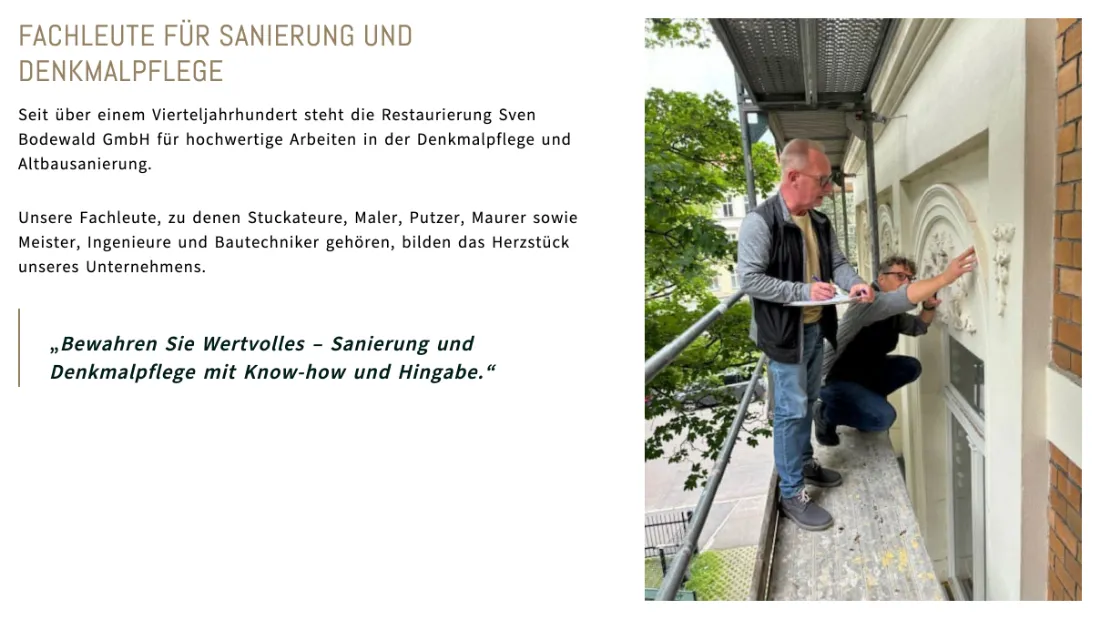 Ausschnitt der Website von Restaurierung Sven Bodewald GmbH, Unstrut-Hainich-Kreis: Ein Vierteljahrhundert Erfahrung plus klare Aufzählung von sieben Gewerken — wer sucht, kann Kompetenz und Zuständigkeiten einordnen.