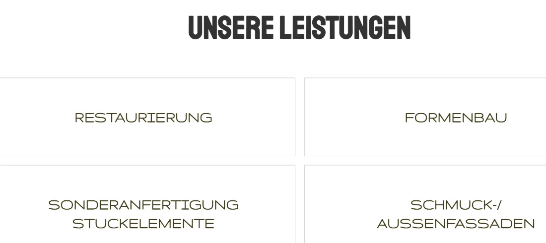Ausschnitt der Website von Stukkateur, Hamburg: Vier Kacheln benennen die Leistungen klar — wer sucht, erkennt sofort, ob Restaurierung, Formenbau oder Fassaden dabei sind.
