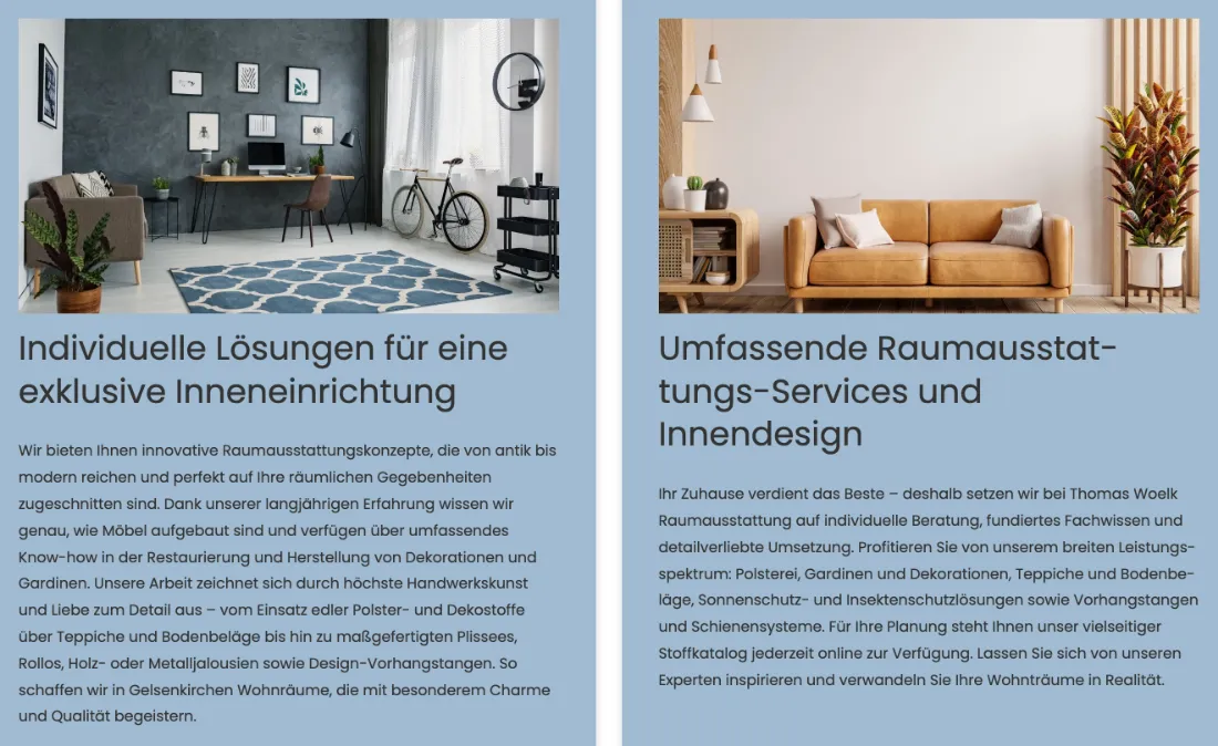 Ausschnitt der Website von Thomas Woelk Raumausstattung GmbH: Große Überschriften und Text nennen konkret Polster-, Deko-, Teppich- und Gardinenarbeiten — wer sucht, erkennt das Spektrum.