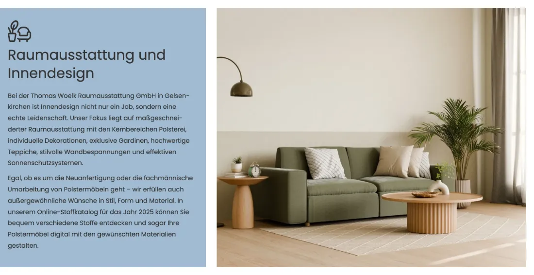 Ausschnitt der Website von Thomas Woelk Raumausstattung GmbH: Der Hinweis auf den Online‑Stoffkatalog 2025 mit digitaler Polstermöbel‑Gestaltung spart Wege — der Besucher plant direkt.