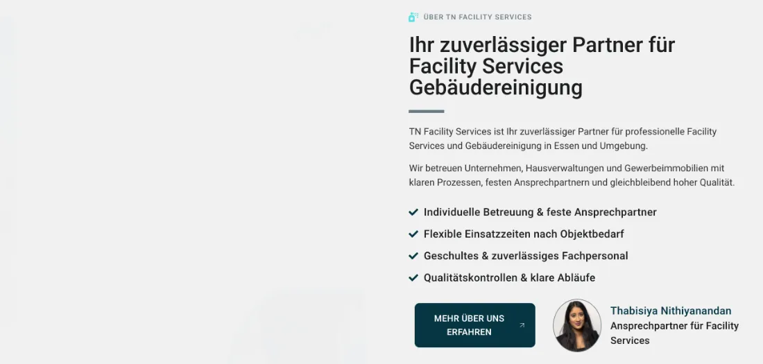 Ausschnitt der Website von TN Facility Services, Essen: Vier Häkchenpunkte und ein Ansprechpartner mit Foto — wer sucht, versteht die Zusagen sofort und sieht, an wen er sich wenden kann.