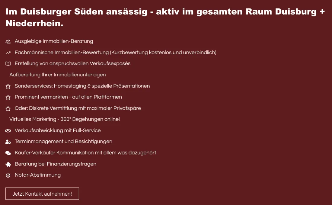 Ausschnitt der Website von unsermakler, Duisburg: 13 klar benannte Leistungen, inkl. Gratis-Kurzbewer­tung und 360°‑Tour — wer vergleicht, erkennt Umfang und spart Rückfragen.