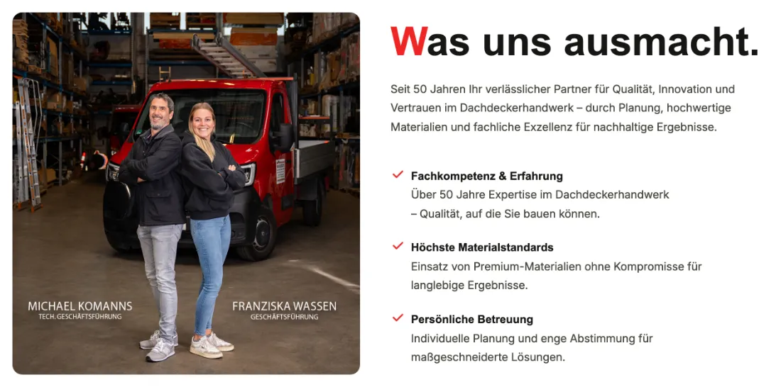 Ausschnitt der Website von WASSEN DACHTECHNIK GMBH, Düsseldorf: Namen und Funktionen der Geschäftsführung stehen direkt im Bild — wer sucht, erkennt sofort die Ansprechpartner.