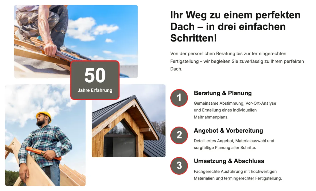 Ausschnitt der Website von WASSEN DACHTECHNIK GMBH, Düsseldorf: Drei klar nummerierte Schritte plus '50 Jahre'-Hinweis — der Ablauf ist sofort greifbar und die Erfahrung wird quantifiziert.