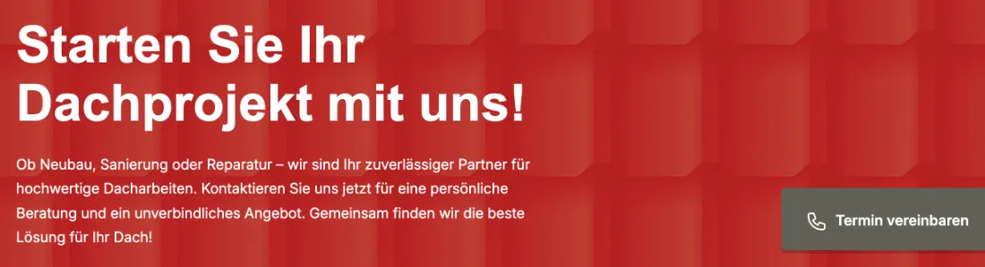 Ausschnitt der Website von WASSEN DACHTECHNIK GMBH, Düsseldorf: Deutlich hervorgehobene Abschlussfläche mit Button 'Termin vereinbaren' — der nächste Schritt ist klar und sofort klickbar.
