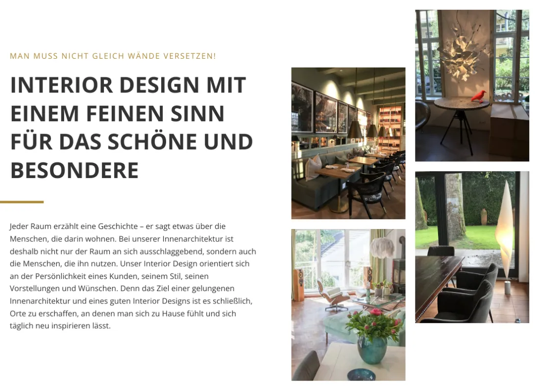 Ausschnitt der Website von Interior Design & Innenarchitektur | WDW – Susanne Wefers, Wiesbaden: Große Leistungsüberschrift mit erklärendem Text und vier Projektfotos — wer sucht, erkennt sofort, was das Büro anbietet.