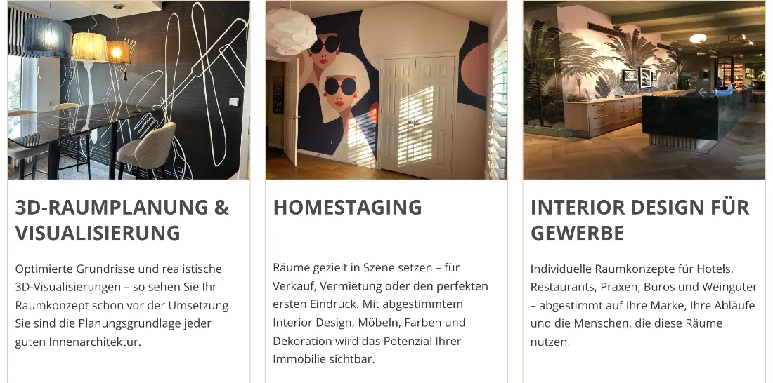 Ausschnitt der Website von Interior Design & Innenarchitektur | WDW – Susanne Wefers, Wiesbaden: Drei Kacheln mit klaren Leistungsnamen und Kurztext — der Besucher muss nichts erraten und findet den passenden Einstieg schneller.