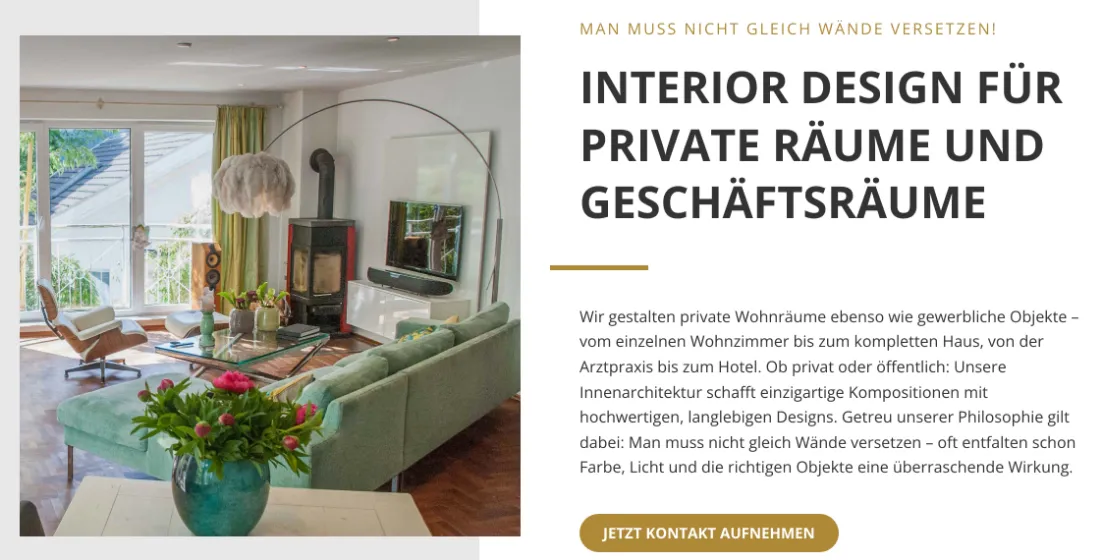 Ausschnitt der Website von Interior Design & Innenarchitektur | WDW – Susanne Wefers, Wiesbaden: Beispielraum neben klarer Zielgruppen-Nennung; Button »Jetzt Kontakt aufnehmen« darunter — der Weg zur Anfrage ist kurz.