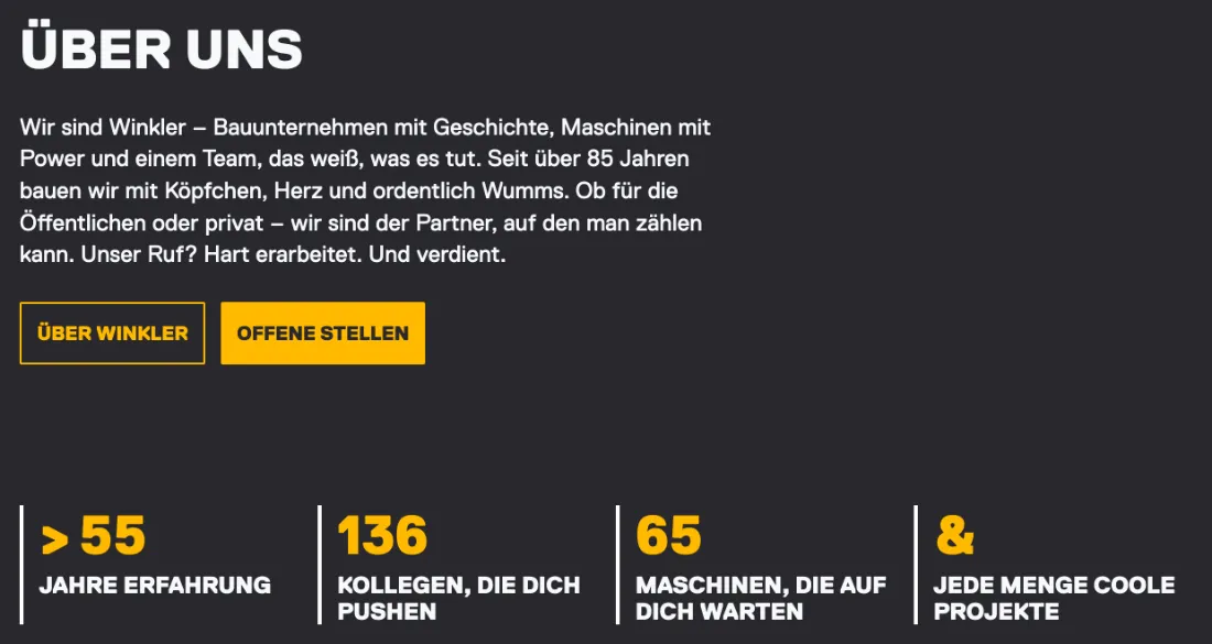 Ausschnitt der Website von F. Winkler GmbH & Co. KG Bauunternehmen, Bremen: Konkrete Kennzahlen (>55 Jahre, 136 Kollegen, 65 Maschinen) — der Besucher kann Größe und Erfahrung sofort einschätzen.