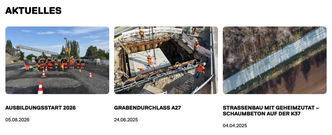 Ausschnitt der Website von F. Winkler GmbH & Co. KG Bauunternehmen, Bremen: Datiertes News-Grid mit drei Beiträgen (05.08.2026, 24.06.2025, 04.04.2025) — wer sucht, prüft Aktualität auf einen Blick.