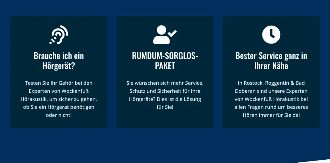Ausschnitt der Website von Wockenfuß Hörakustik, Rostock: Drei Kacheln ordnen Test, Paket und Standorte — der Besucher wählt mit einem Klick genau das Anliegen und spart Suchen.
