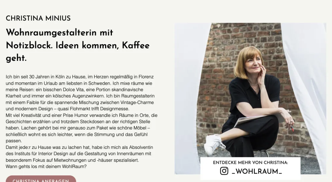 Ausschnitt der Website von Christina Minius, Köln: Kurzporträt mit Foto und 30‑Jahre‑Ortsbezug — wer vergleicht, versteht Erfahrung, Stil und Kontaktweg auf einen Blick.
