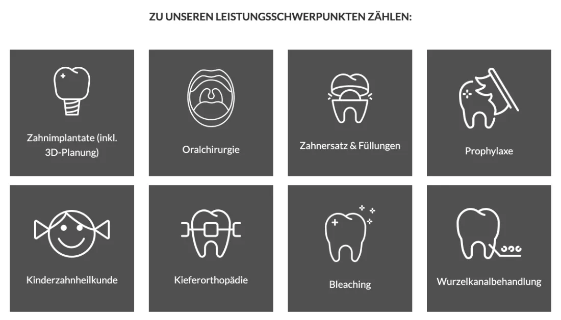 Ausschnitt der Website von Dr. Isabelle Grünewald & Kollegen, Mönchengladbach: Acht klar beschriftete Kacheln mit Icons — das Leistungsspektrum ist auf einen Blick erfassbar, wer sucht, erkennt sein Thema sofort.