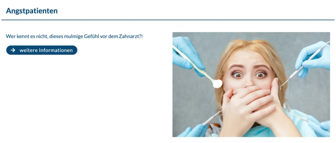 Ausschnitt der Website von Zahnarztpraxis Koehler & Kollegen, Halle (Saale): Eigenes Kapitel für Angstpatienten mit kurzer, verständlicher Einleitung und klarer Weiterleitung — das senkt die Hemmschwelle zum Termin.
