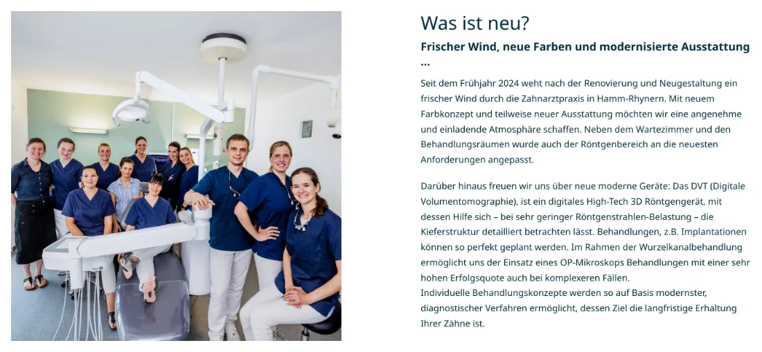 Ausschnitt der Website von Zahnarztpraxis Klassen, Hamm: Konkrete Neuerungen mit 2024, DVT‑3D und OP‑Mikroskop — wer vergleicht, erkennt Nutzen und Technikstand ohne leere Floskeln.