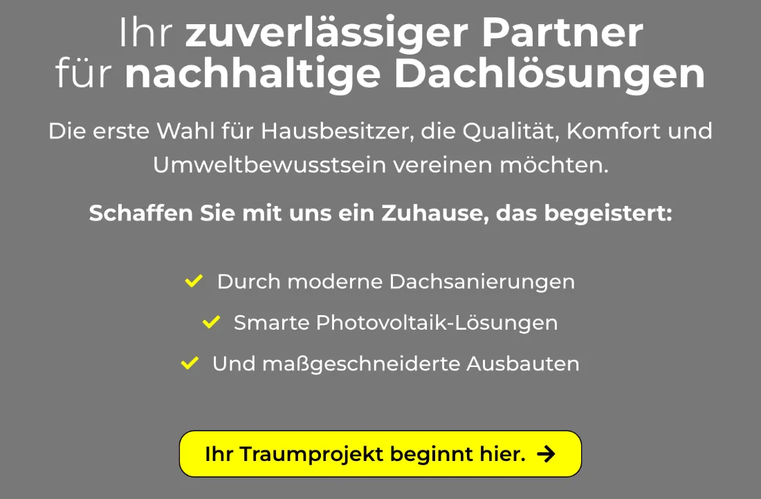 Ausschnitt der Website von Zimmerei Ehrath, Landkreis Breisgau-Hochschwarzwald: Leistungsversprechen mit drei Punkten und gelbem Button — wer sucht, weiß sofort Angebot (Sanierung, PV, Ausbau) und wie es weitergeht.