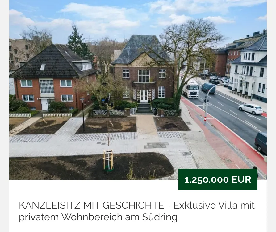 Ausschnitt der Website von Zoeger Immobilien GmbH, Hamm: Weitwinkel zeigt Villa im Straßenzug samt Geh- und Radweg — Verkehrslage und Stellflächen sind klar; Preis 1.250.000 EUR eingeblendet.