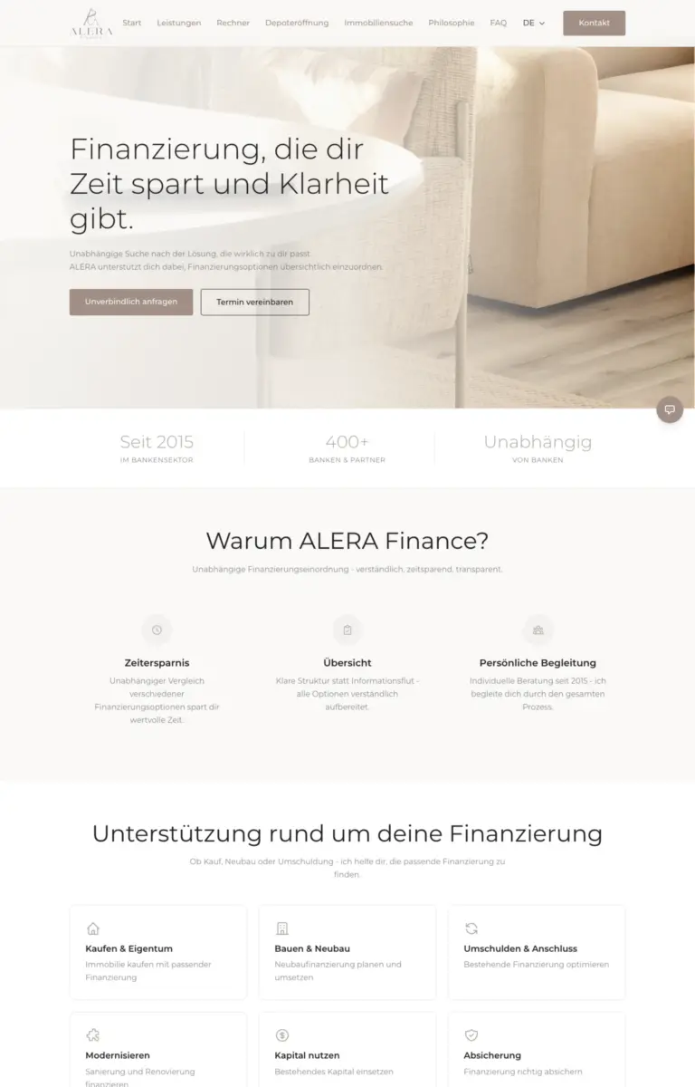 Startseite der Website von Finanzberatung ALERA Finance e.K. aus Altdorf in der Desktop-Ansicht