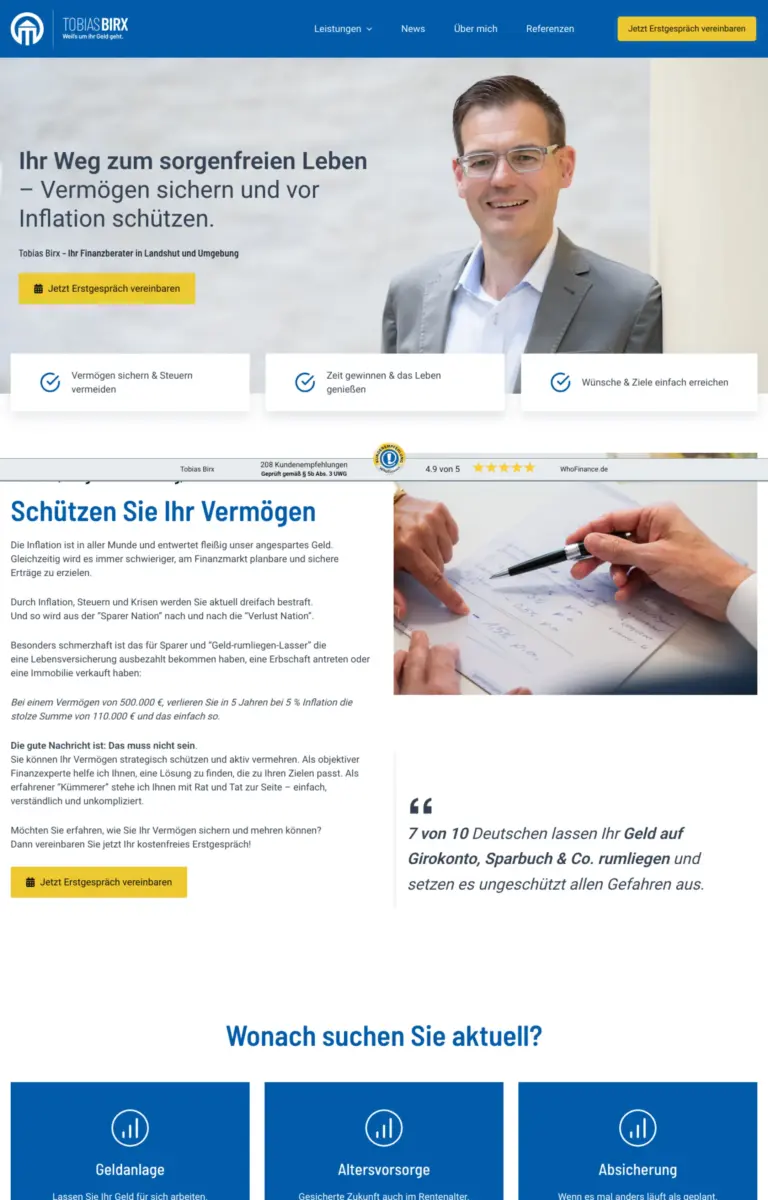 Startseite der Website von Finanzberatung Geschäftsführer: Tobias Birx aus Altdorf in der Desktop-Ansicht