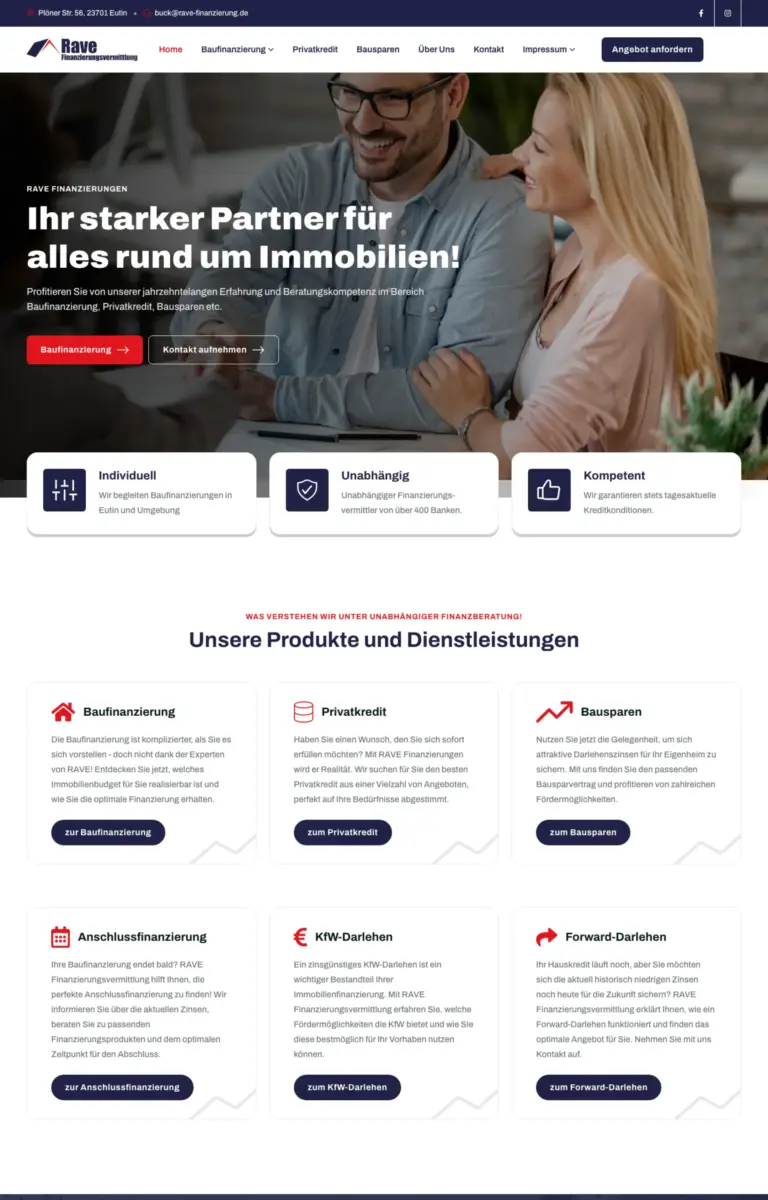 Startseite der Website von Finanzberatung RAVE Finanzierungsvermittlung – Ihr starker Partner für alles rund um Immobilien aus Eutin in der Desktop-Ansicht
