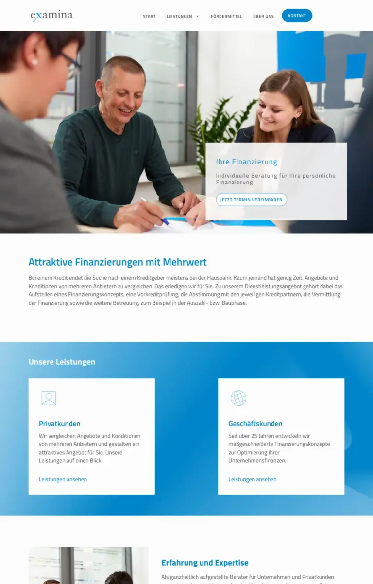 Startseite der Website von Finanzberatung examina Finanzkontor GmbH aus Flensburg in der Desktop-Ansicht
