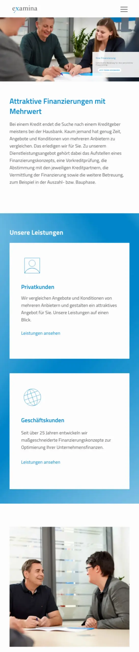Website von examina Finanzkontor GmbH, Flensburg in der Mobilansicht