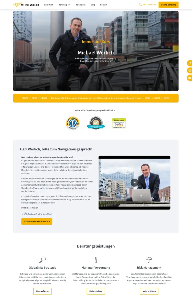Startseite der Website von Finanzberatung Michael Werlich aus Hamburg in der Desktop-Ansicht