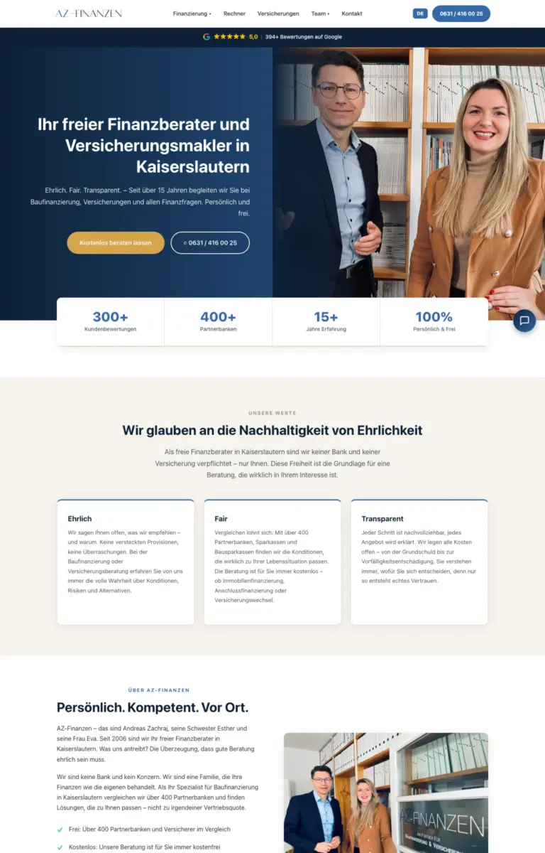 Startseite der Website von Finanzberatung AZ-Finanzen aus Kaiserslautern in der Desktop-Ansicht