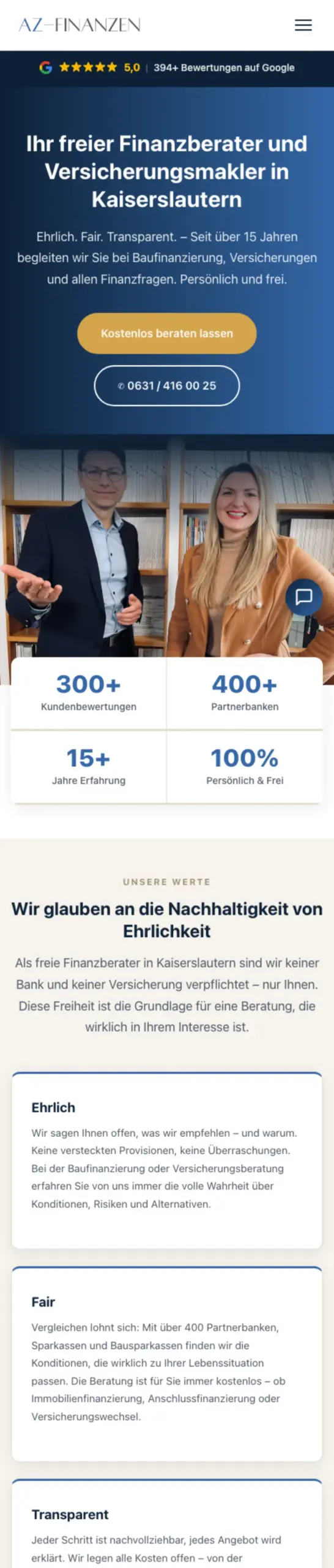 Website von AZ-Finanzen, Kaiserslautern in der Mobilansicht