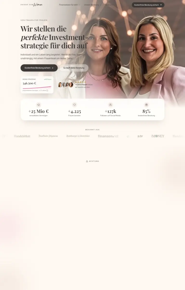 Startseite der Website von Finanzberatung Investforwomen GmbH aus Kiel in der Desktop-Ansicht