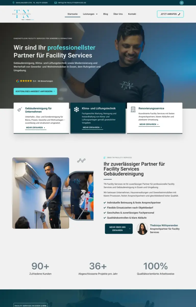 Startseite der Website von Gebäudemanagement Startseite | TN Facility Services in der Desktop-Ansicht