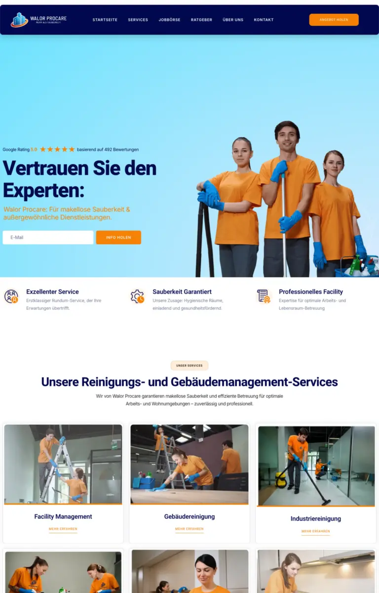 Startseite der Website von Gebäudereiniger Walor- Procare (Dienstleistungen) aus Freiburg in der Desktop-Ansicht