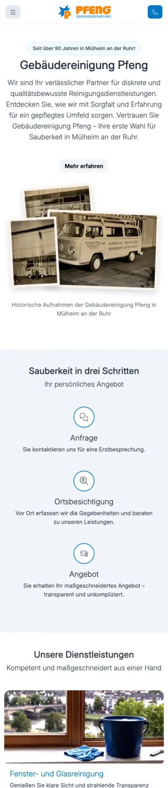 Website von Wilhelm Pfeng Gebäudereinigung GmbH, Mülheim an der Ruhr in der Mobilansicht