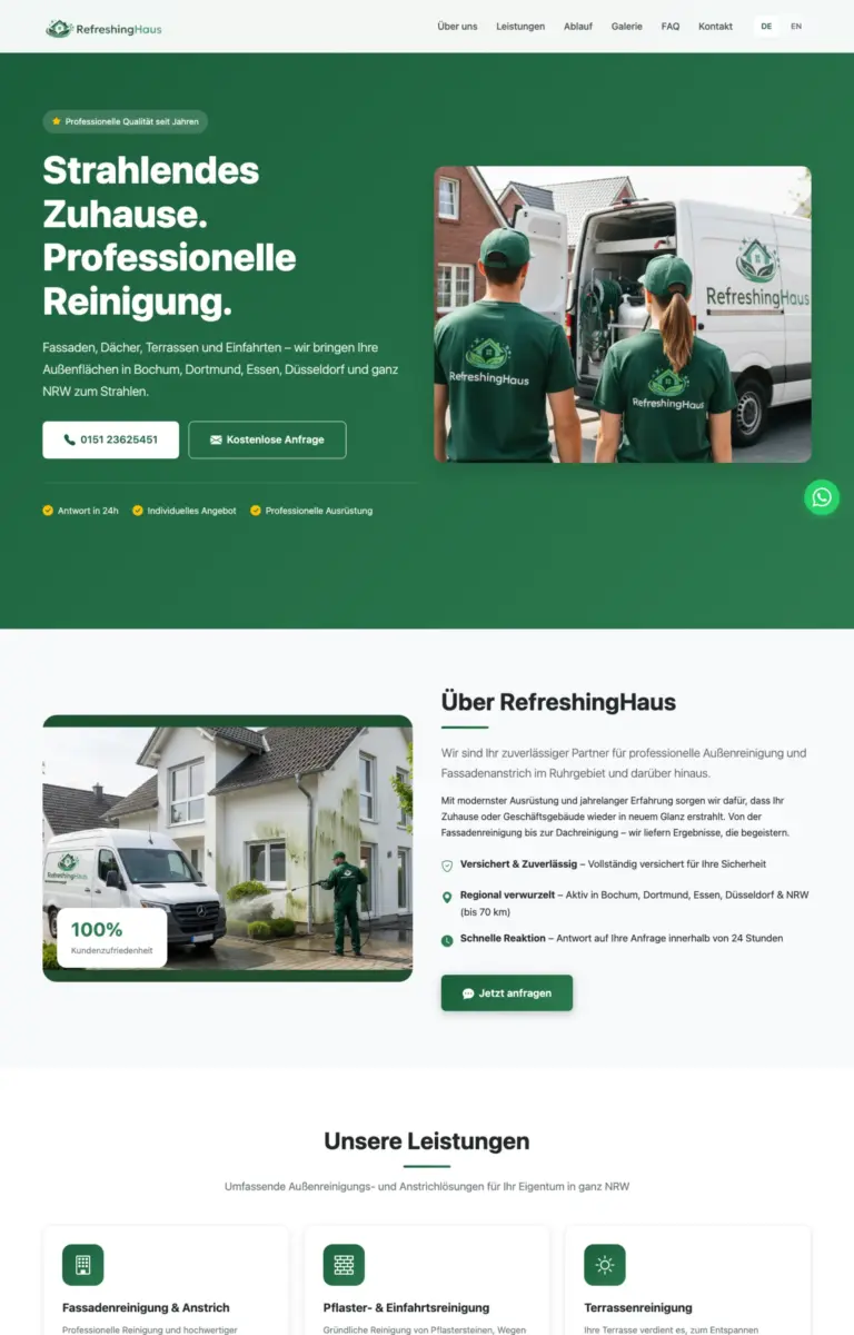 Startseite der Website von Gebäudereiniger RefreshingHaus in der Desktop-Ansicht