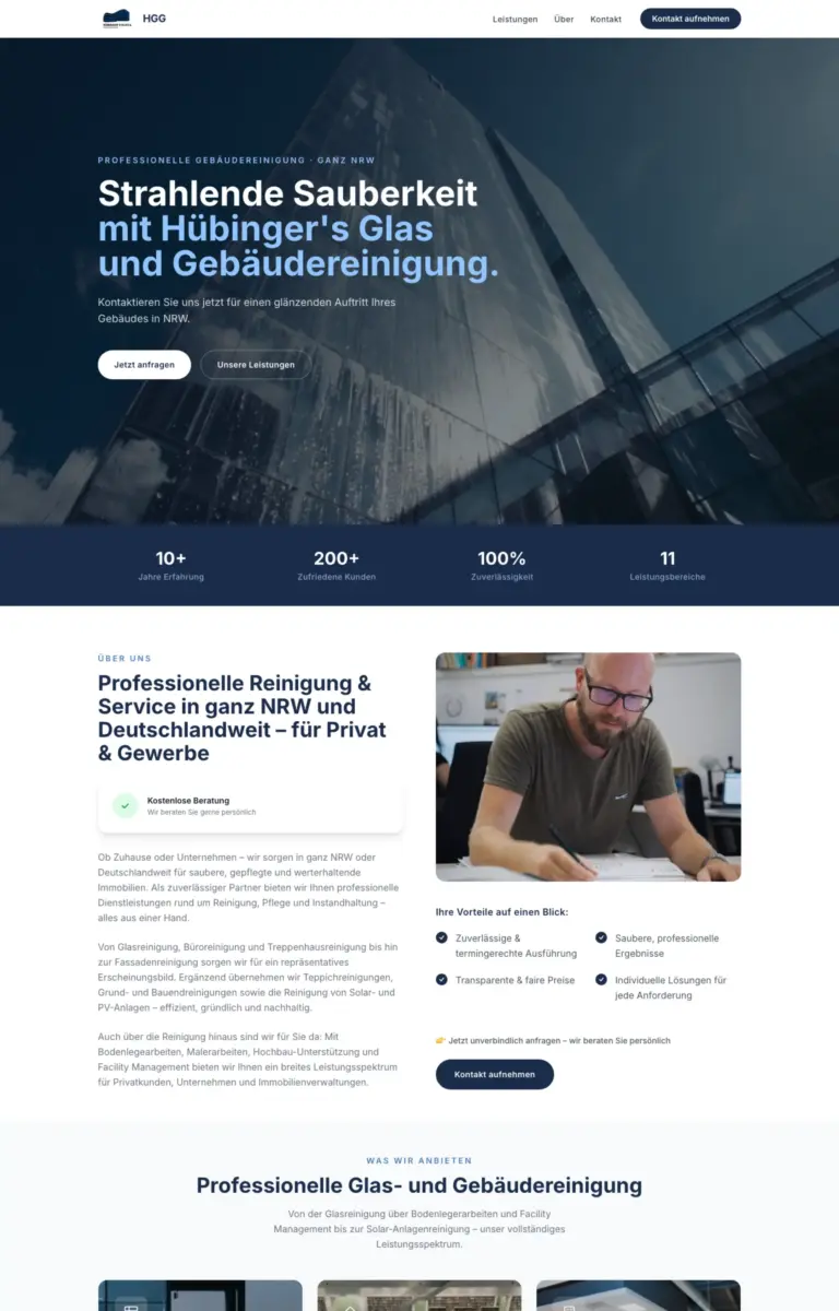 Startseite der Website von Gebäudereiniger Hübinger's Glas- und Gebäudereinigung aus Reken in der Desktop-Ansicht