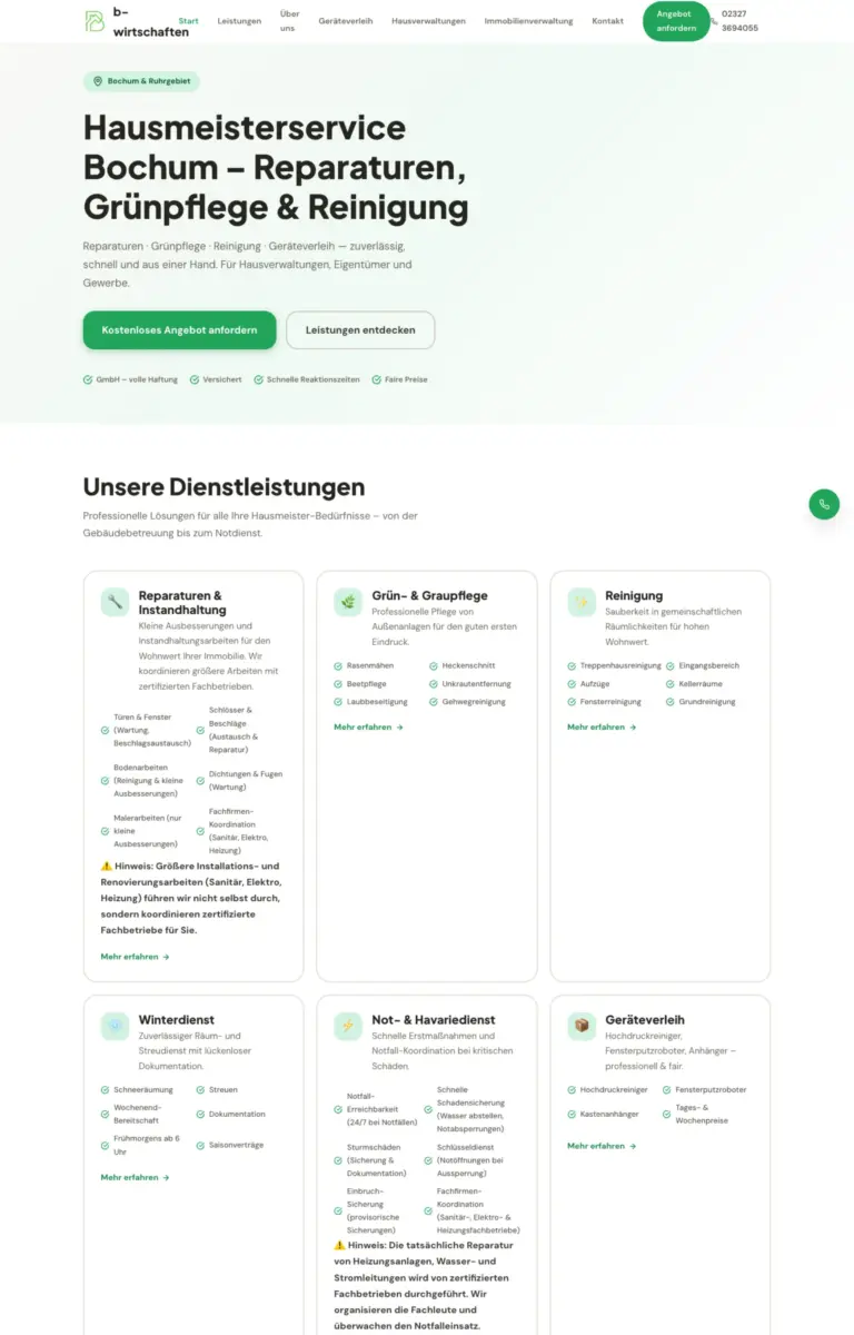 Startseite der Website von Hausmeisterservice b-wirtschaften GmbH aus Bochum in der Desktop-Ansicht