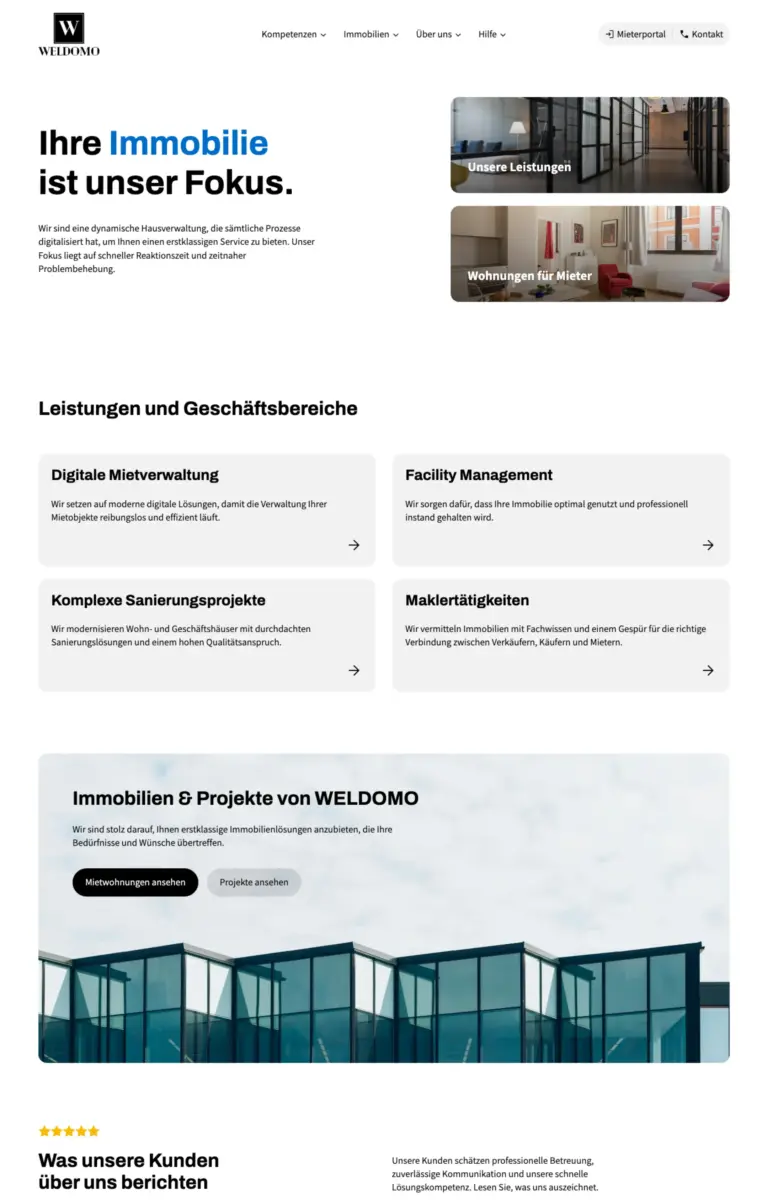 Startseite der Website von Hausverwaltung WELDOMO GmbH aus Bochum in der Desktop-Ansicht