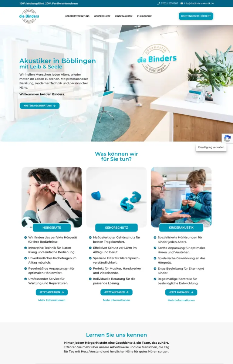 Startseite der Website von Hörakustiker die Binders Hörakustik aus Böblingen in der Desktop-Ansicht