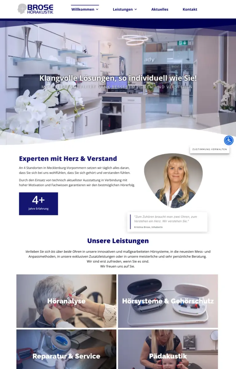 Startseite der Website von Hörakustiker Brose Hörakustik GmbH aus Güstrow in der Desktop-Ansicht