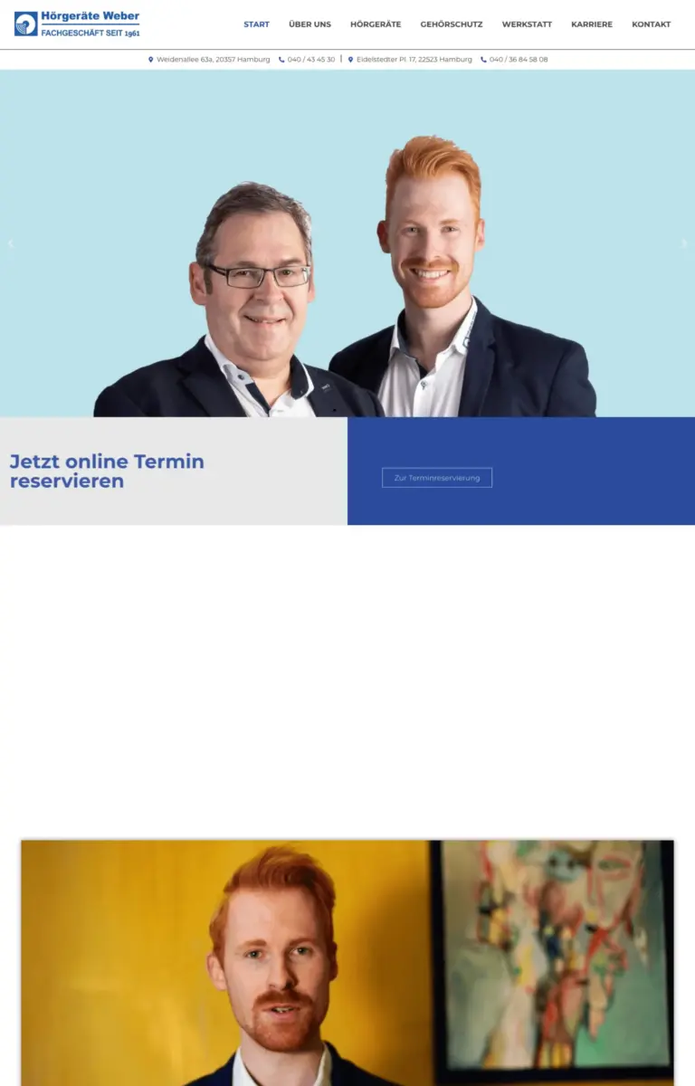 Startseite der Website von Hörakustiker Hörgeräte Weber GmbH aus Hamburg in der Desktop-Ansicht