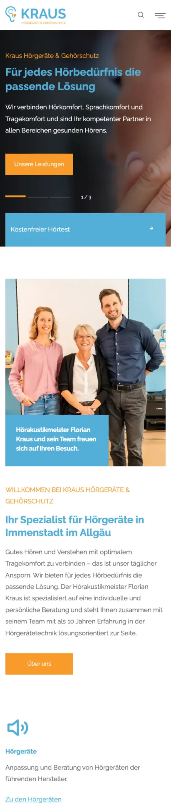 Website von Kraus Hörgeräte & Gehörschutz, Landkreis Oberallgäu in der Mobilansicht