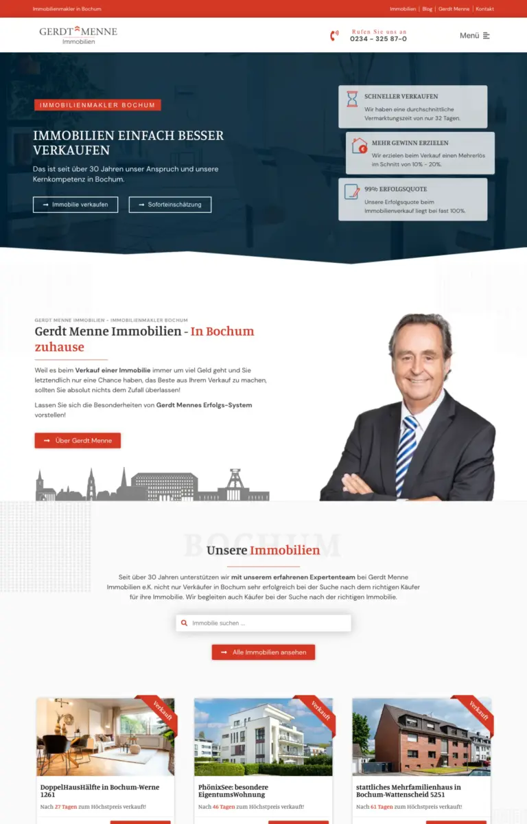 Startseite der Website von Immobilienmakler Gerdt Menne Immobilien e.K. aus Bochum in der Desktop-Ansicht