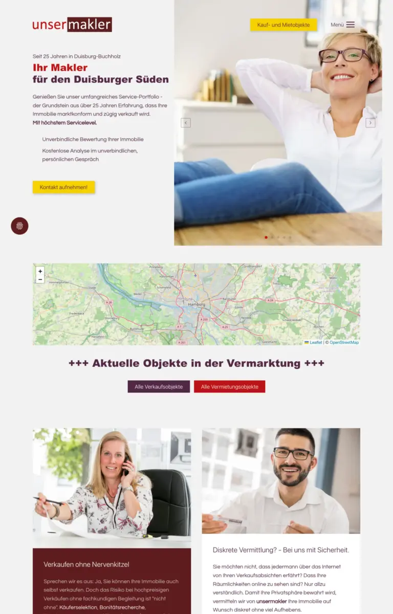 Startseite der Website von Immobilienmakler unsermakler GmbH aus Duisburg in der Desktop-Ansicht