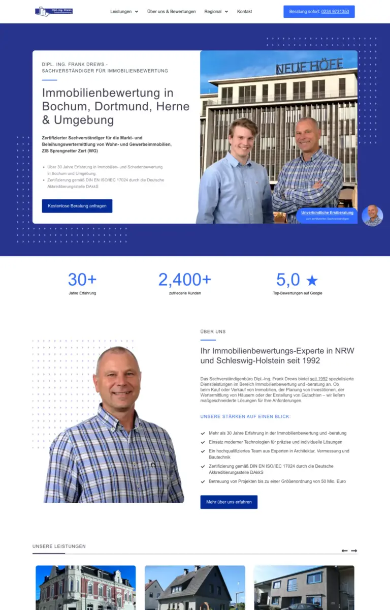 Startseite der Website von Immobilienservice Dipl. Ing. Frank Drews – Sachverständiger für Immobilienbewertung aus Bochum in der Desktop-Ansicht