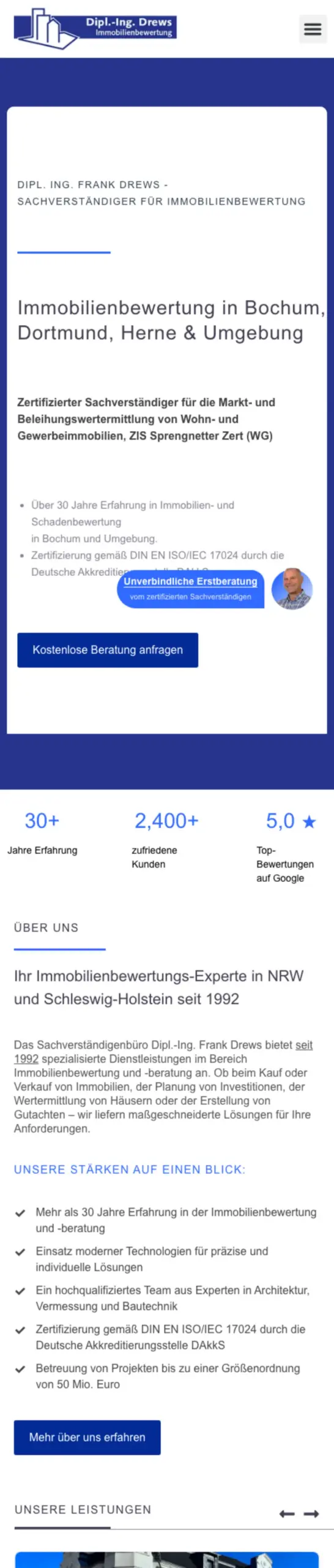 Website von Dipl. Ing. Frank Drews – Sachverständiger für Immobilienbewertung, Bochum in der Mobilansicht