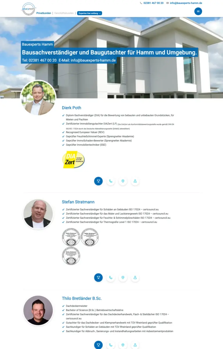 Startseite der Website von Ingenieurbüros Bauexperts Sachverständigengesellschaft mbH aus Krefeld in der Desktop-Ansicht