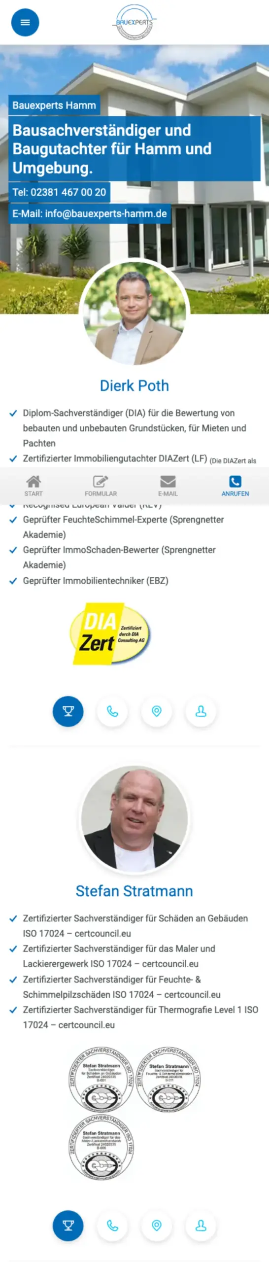 Website von Bauexperts Hamm, Krefeld in der Mobilansicht