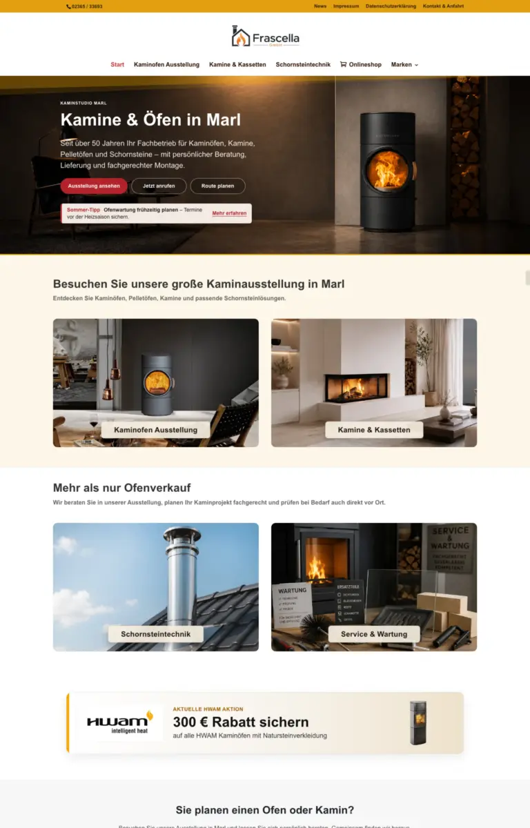 Startseite der Website von Kaminbauer G.Frascella GmbH aus Marl in der Desktop-Ansicht